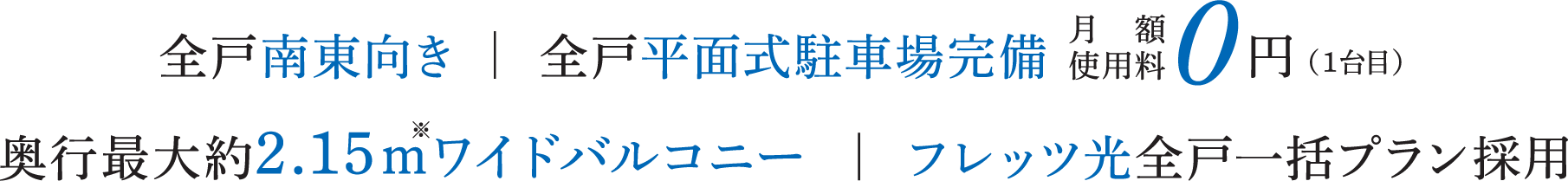 全戸南東向き 全戸平面式駐車場完備 0円（1台目） 奥行最大約2.15ｍワイドバルコニー フレッツ光全戸一括プラン採用